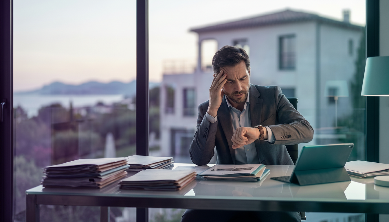 Conseiller immobilier stressé regardant sa montre dans un bureau, avec des dossiers empilés, symboli