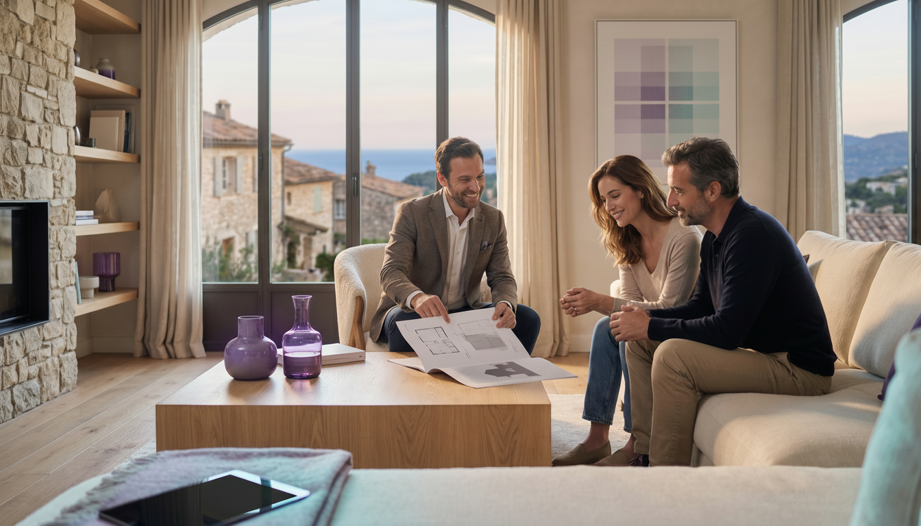 Conseiller immobilier souriant présentant un document clair et structuré à un couple de vendeurs ras