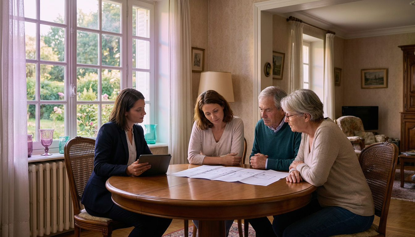Scène d'intérieur jour dans un salon de maison familiale un peu daté. Un conseiller immobilier (homm