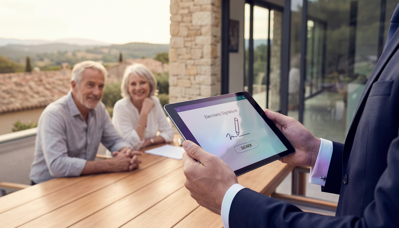 Gros plan sur les mains d'un conseiller immobilier tenant une tablette montrant une interface de sig