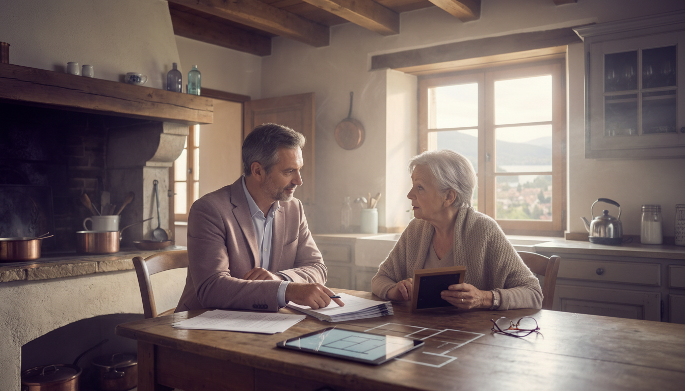 Un conseiller immobilier empathique discutant avec un couple de vendeurs âgés dans une cuisine rusti