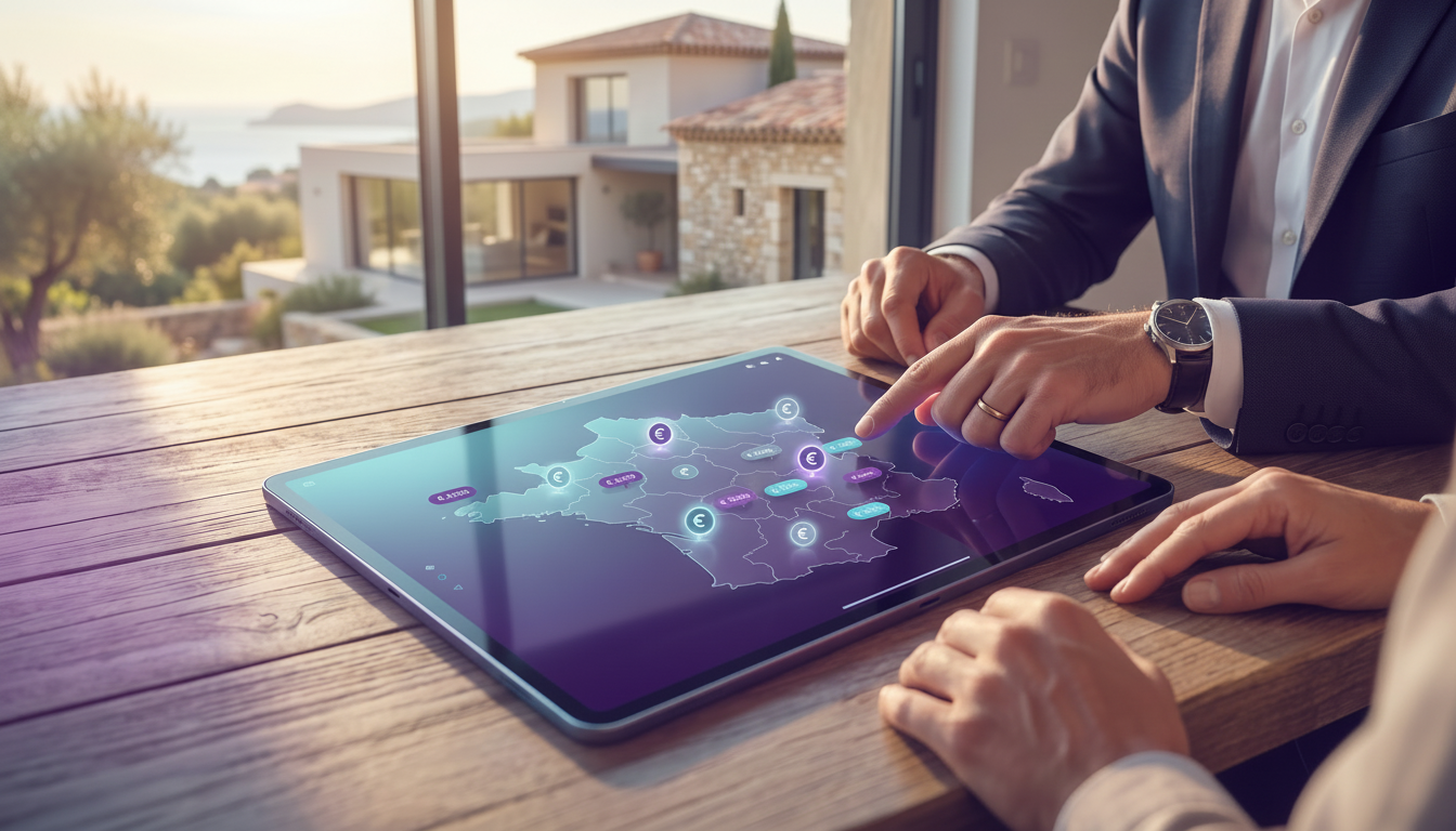 Une tablette numérique posée sur une table en bois affichant une carte interactive avec des marqueur