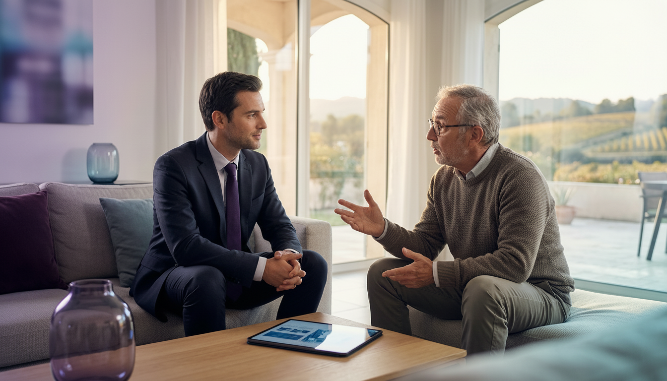 Conseiller immobilier en costume discutant calmement avec un propriétaire expressif dans un salon mo