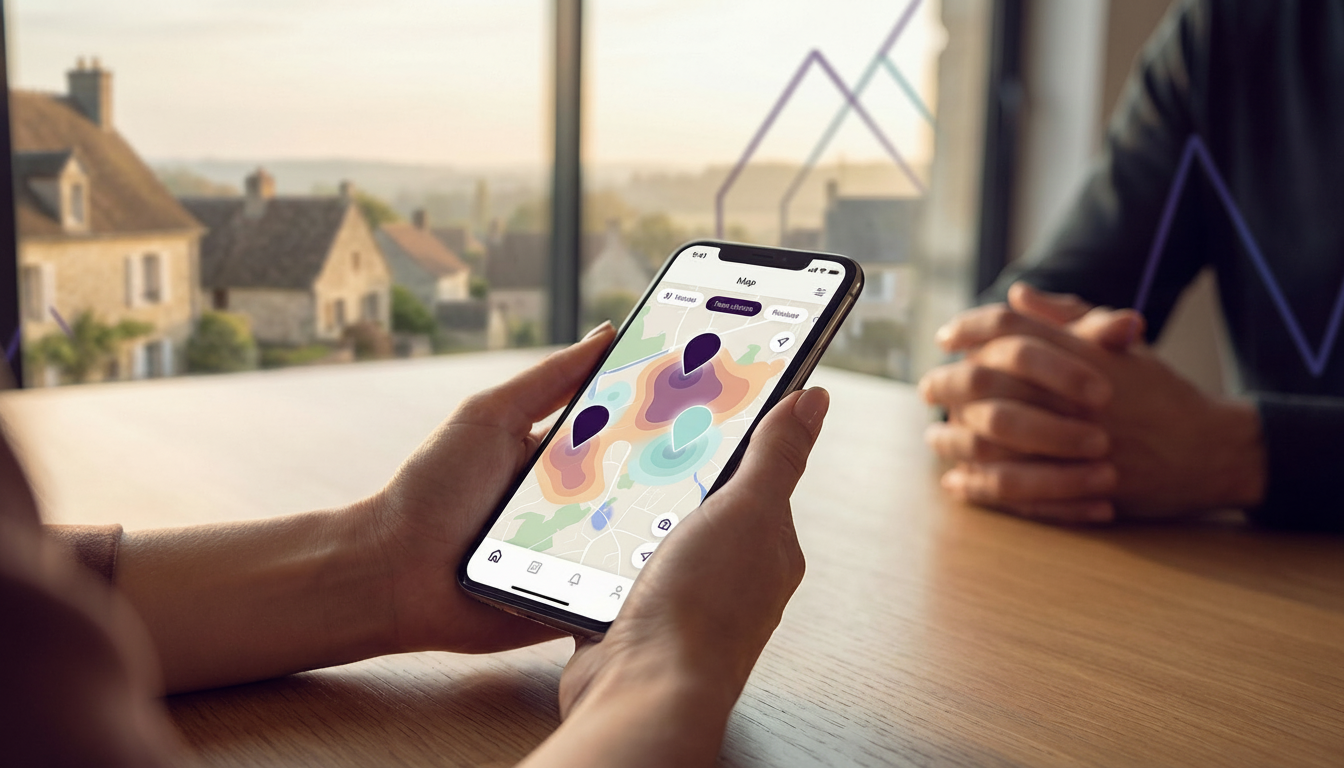 Vue en gros plan sur une application mobile affichant une carte interactive avec des prix de vente i