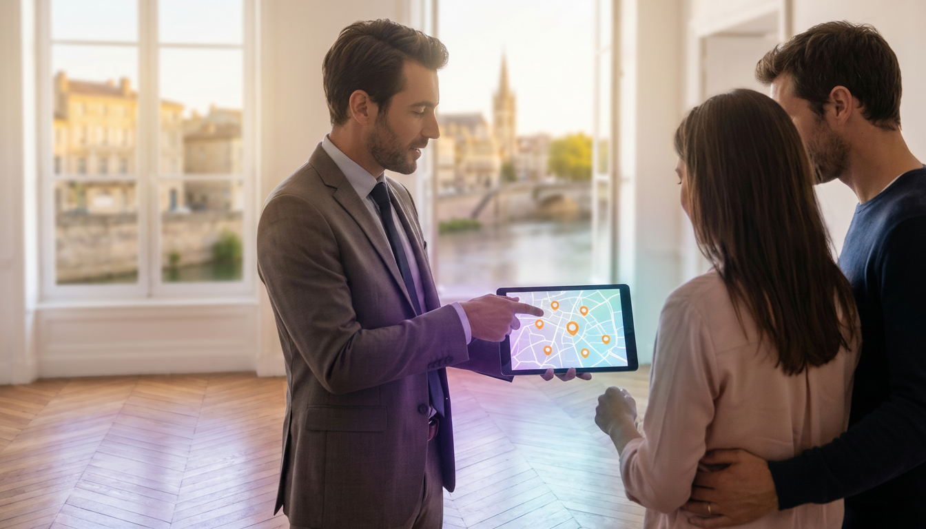 Conseiller immobilier en costume élégant dans un appartement lumineux avec parquet point de Hongrie,