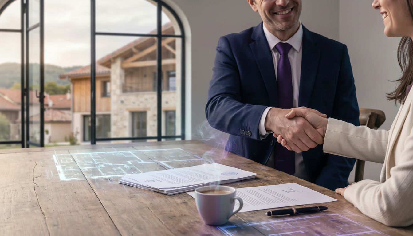 Poignée de main chaleureuse et ferme entre un conseiller immobilier souriant et un acheteur rassuré