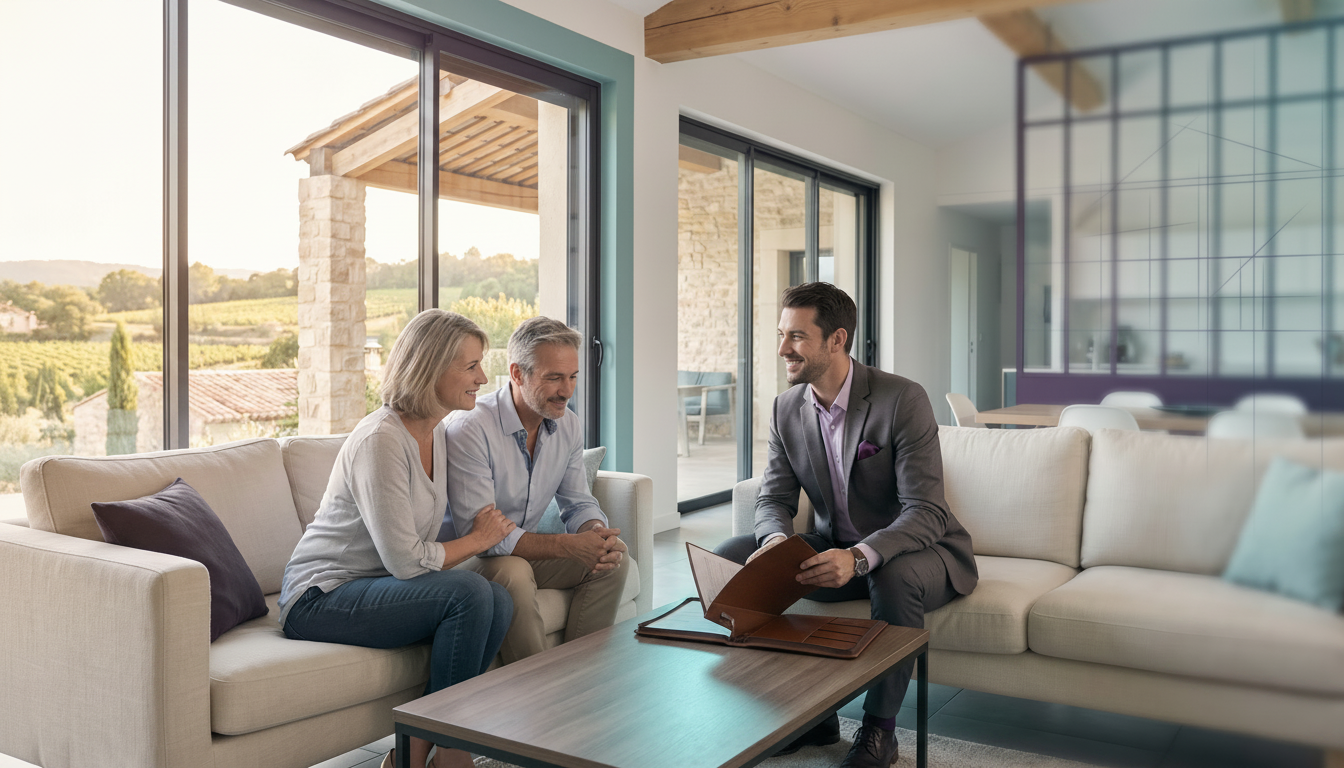 Conseiller immobilier confiant assis dans le salon d'une maison moderne lumineuse, souriant face à u