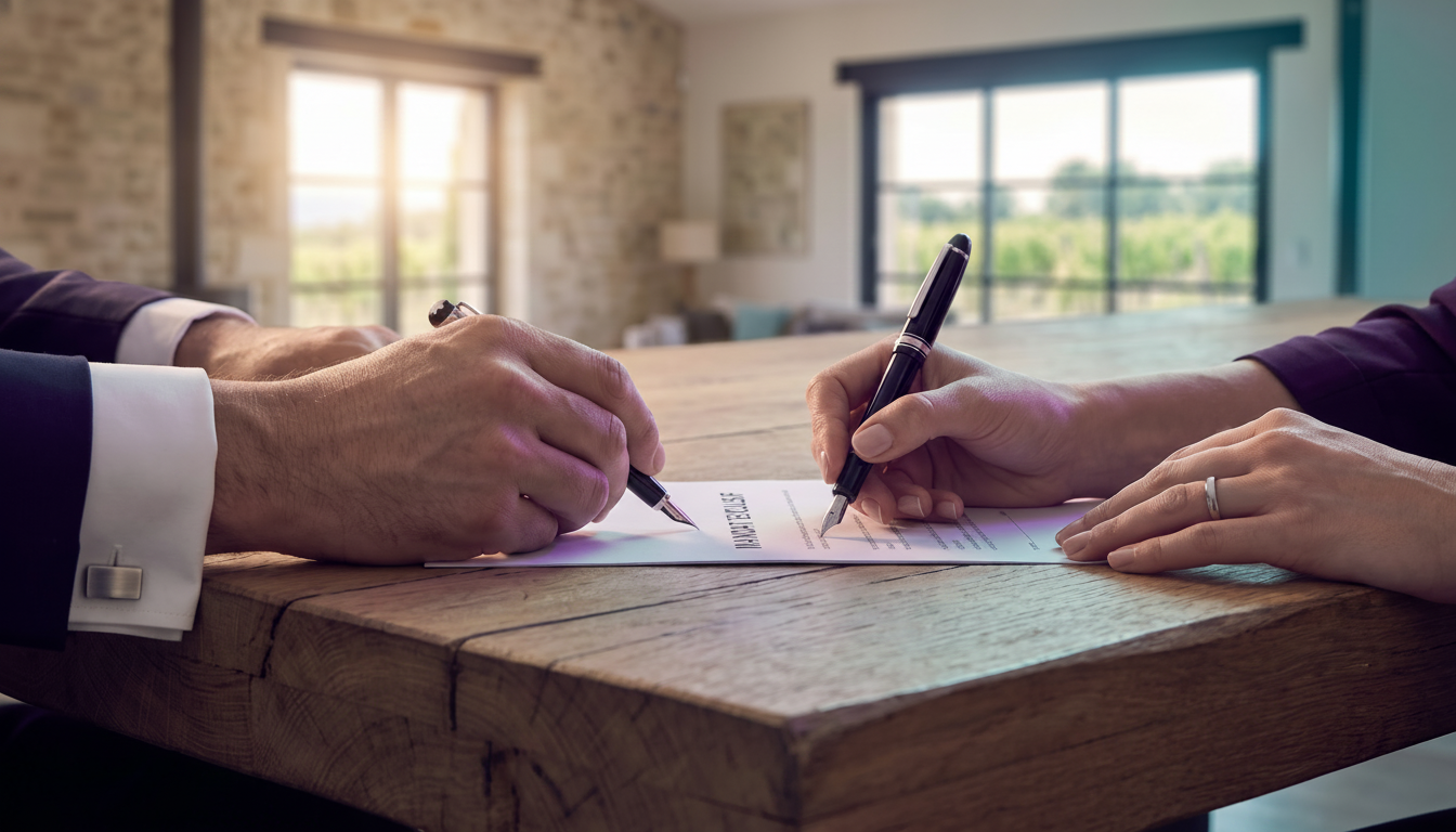 Plan rapproché sur les mains d'un conseiller immobilier élégant signant un contrat de mandat exclusi