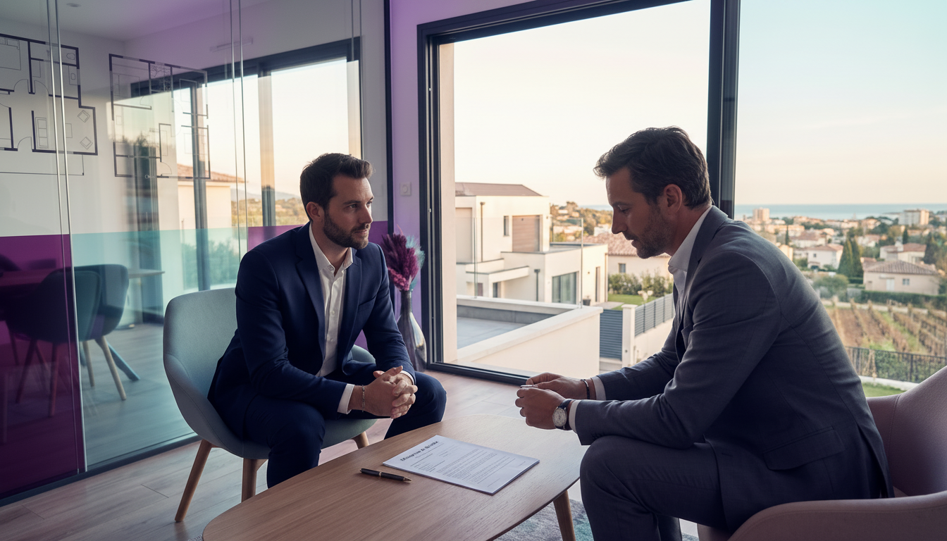 Deux conseillers immobiliers en tenue professionnelle discutant sérieusement autour d'une table bass