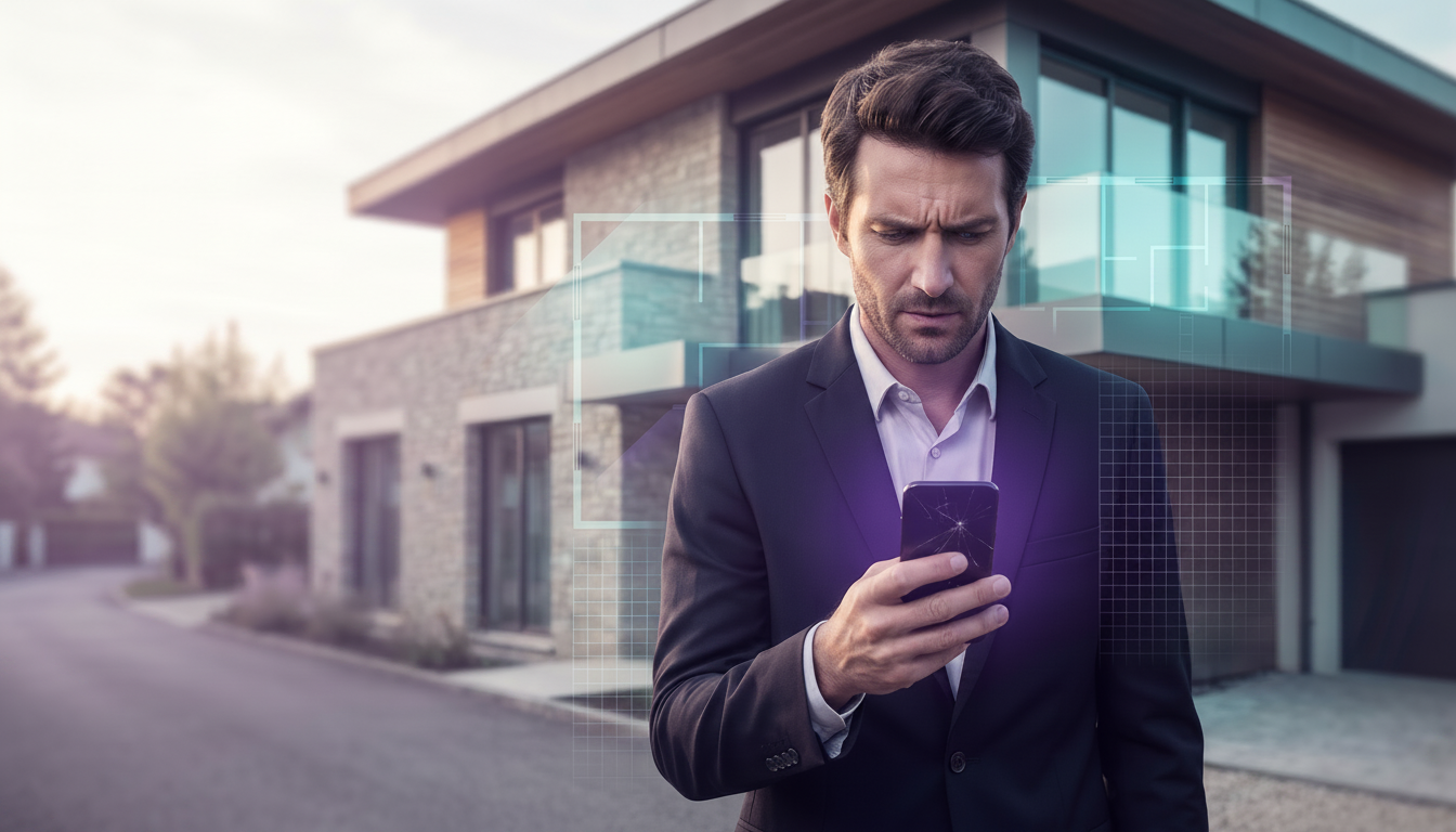 Un conseiller immobilier regardant l'écran de son smartphone avec un air contrarié, se tenant devant
