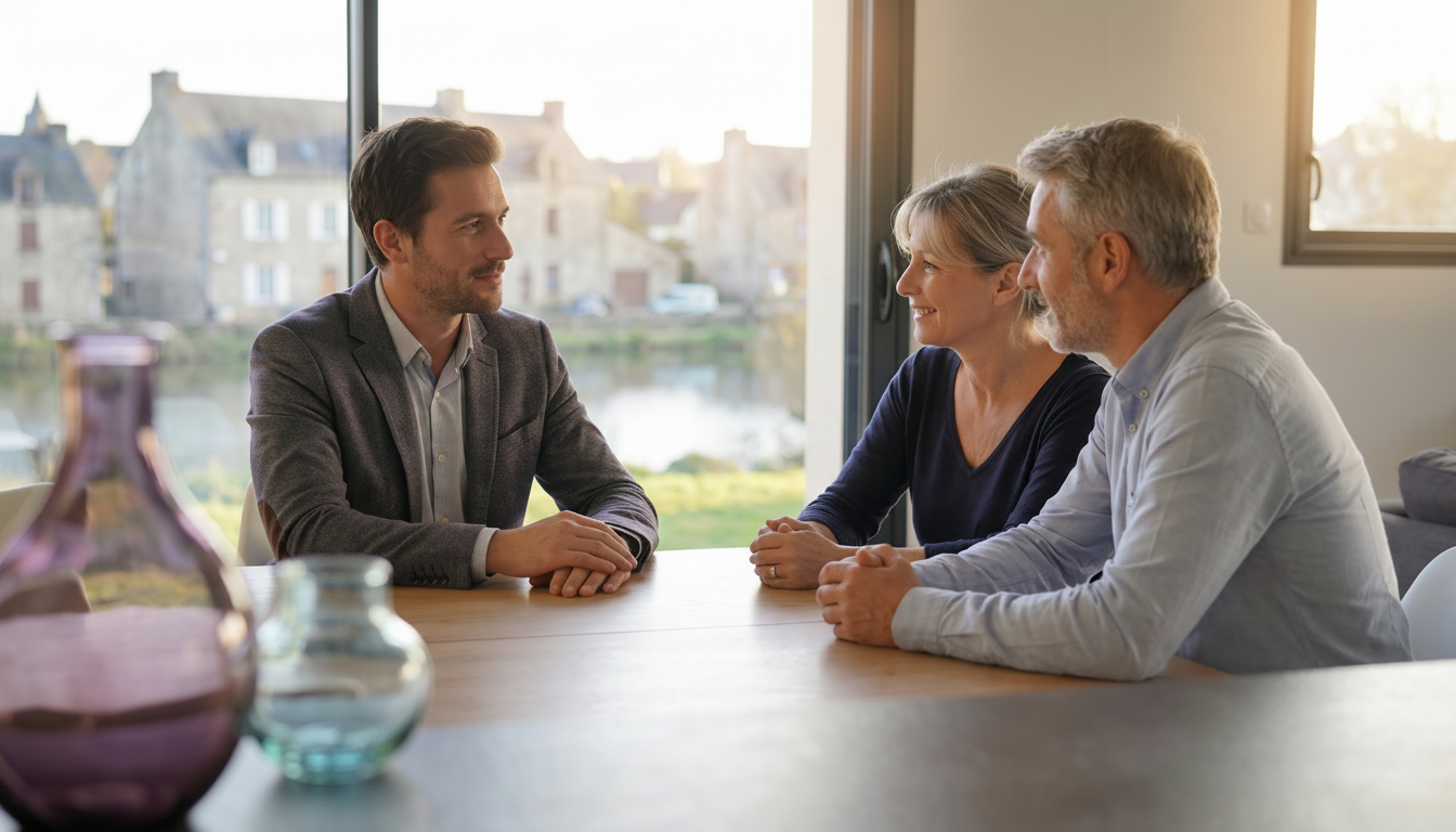 Conseiller en transaction immobilière écoutant attentivement un couple de vendeurs dans leur salon.