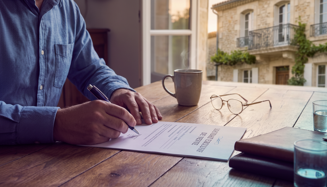 Gros plan sur les mains d'un propriétaire signant un contrat de mandat exclusif sur une table en chê