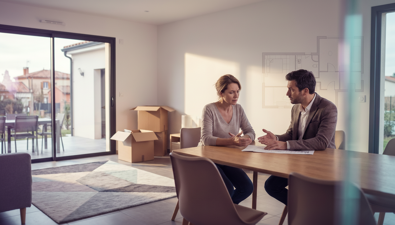 Conseiller en transaction immobilière discutant avec un propriétaire anxieux dans un salon lumineux
