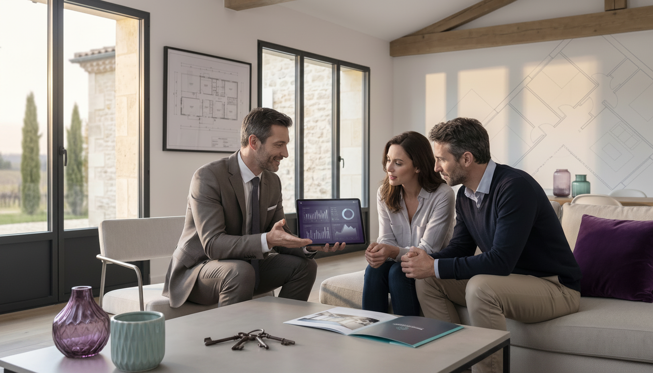 Conseiller immobilier en rendez-vous avec un couple de propriétaires dans un salon lumineux, montran