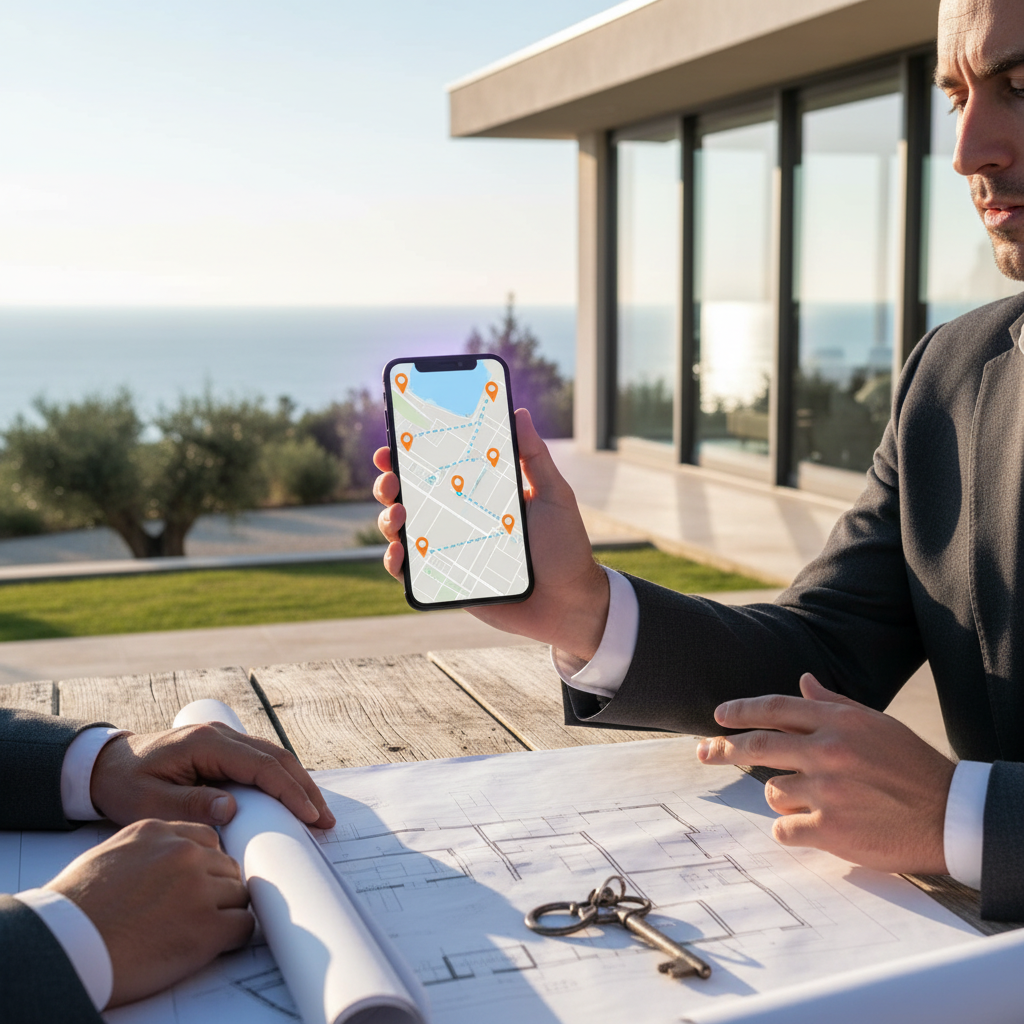 Vue rapprochée sur les mains d'un conseiller immobilier tenant un smartphone affichant une carte int