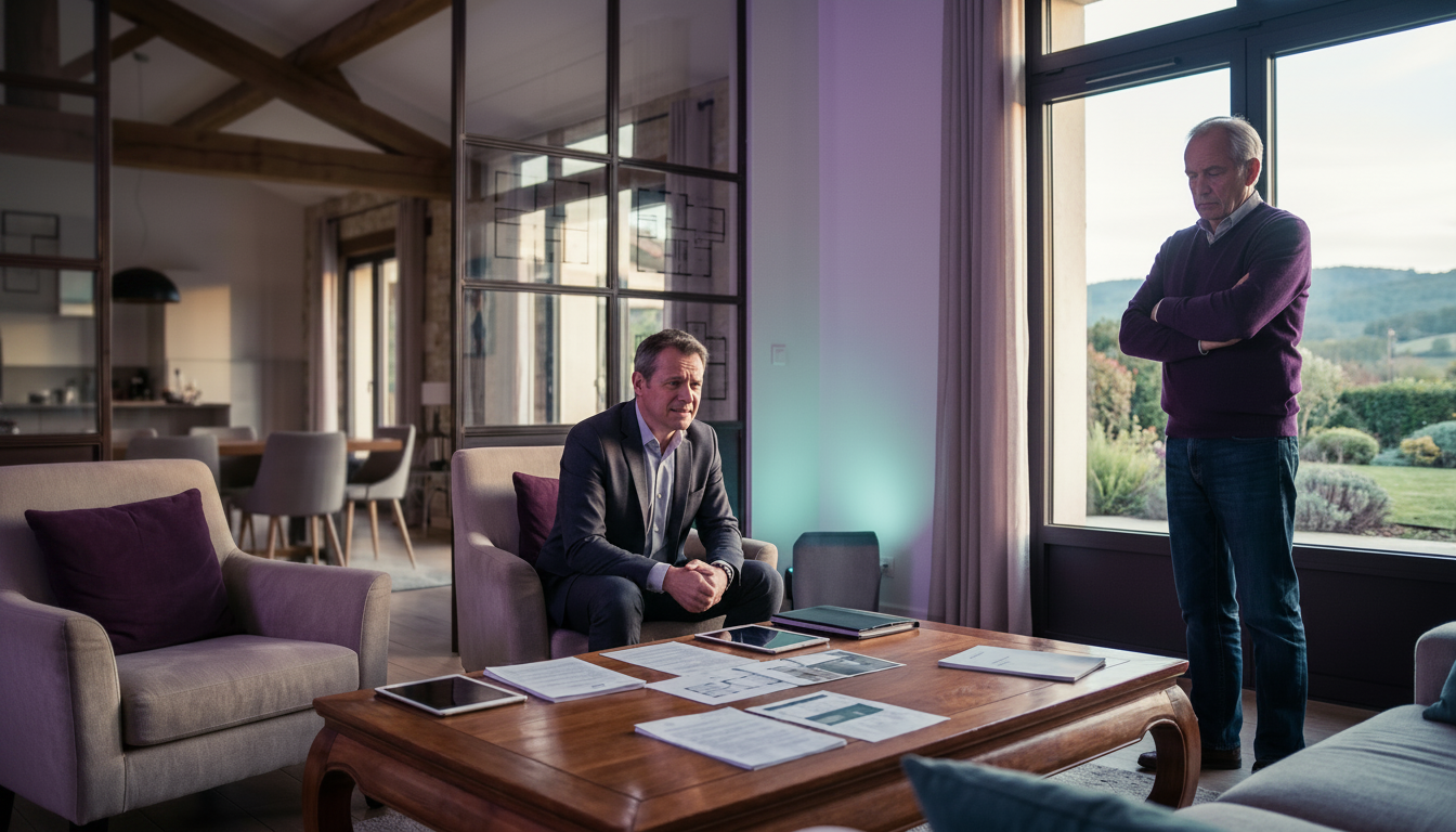 Conseiller immobilier mal à l'aise face à un propriétaire vendeur mécontent dans un salon, ambiance