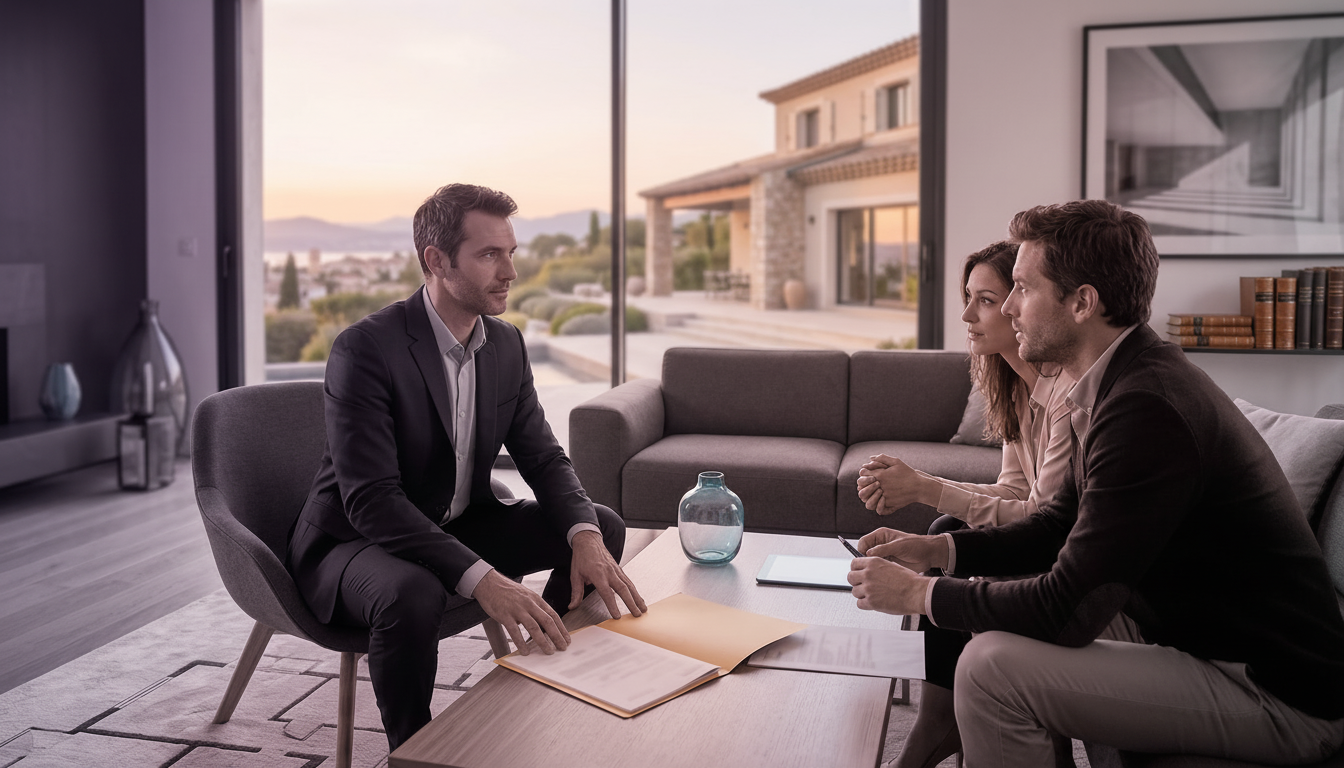Scène d'intérieur jour dans un salon moderne. Un conseiller immobilier masculin, la quarantaine, hab