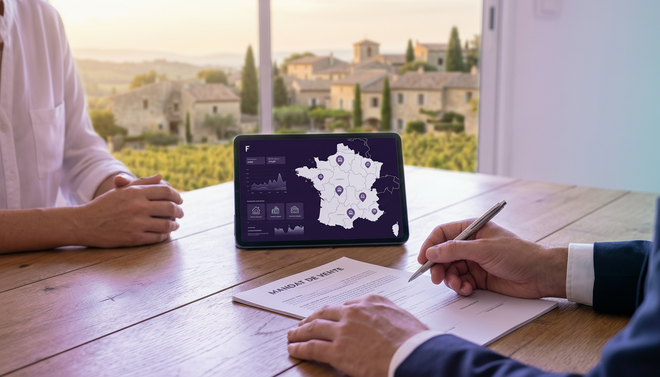 Gros plan sur les mains d'un conseiller immobilier tenant un stylo au-dessus d'un mandat de vente, p