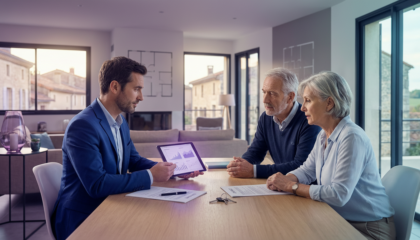 Conseiller immobilier assis à une table de salle à manger moderne avec un couple de vendeurs seniors