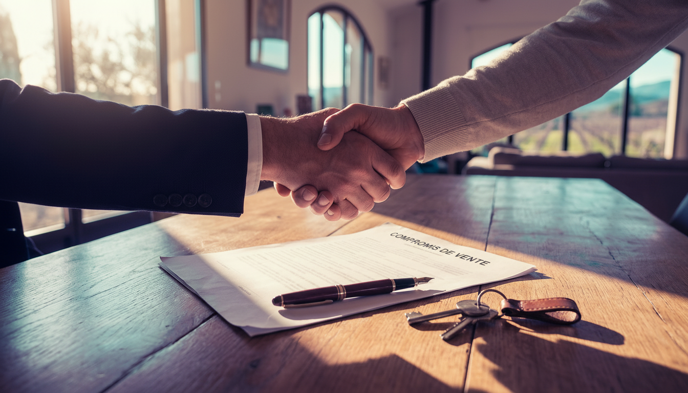 Gros plan sur deux mains qui se serrent au-dessus d'un compromis de vente posé sur une table en bois