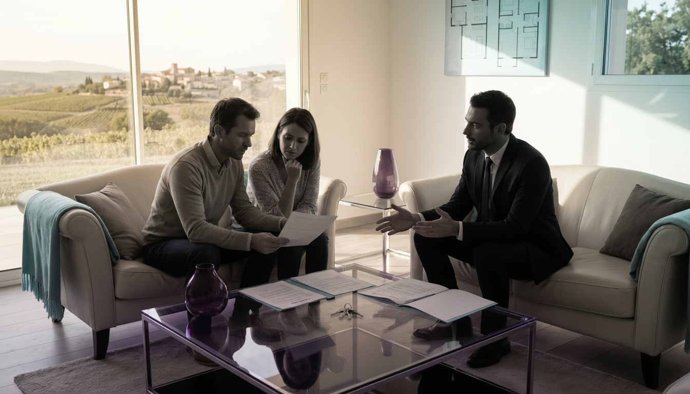 Conseiller immobilier rassurant un couple de propriétaires inquiets dans leur salon lumineux, avec d