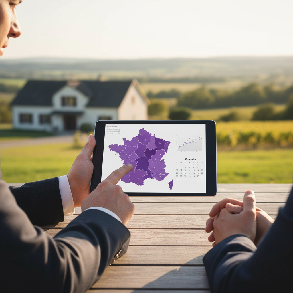 Plan rapproché sur les mains d'un conseiller immobilier montrant un calendrier et des délais de tran