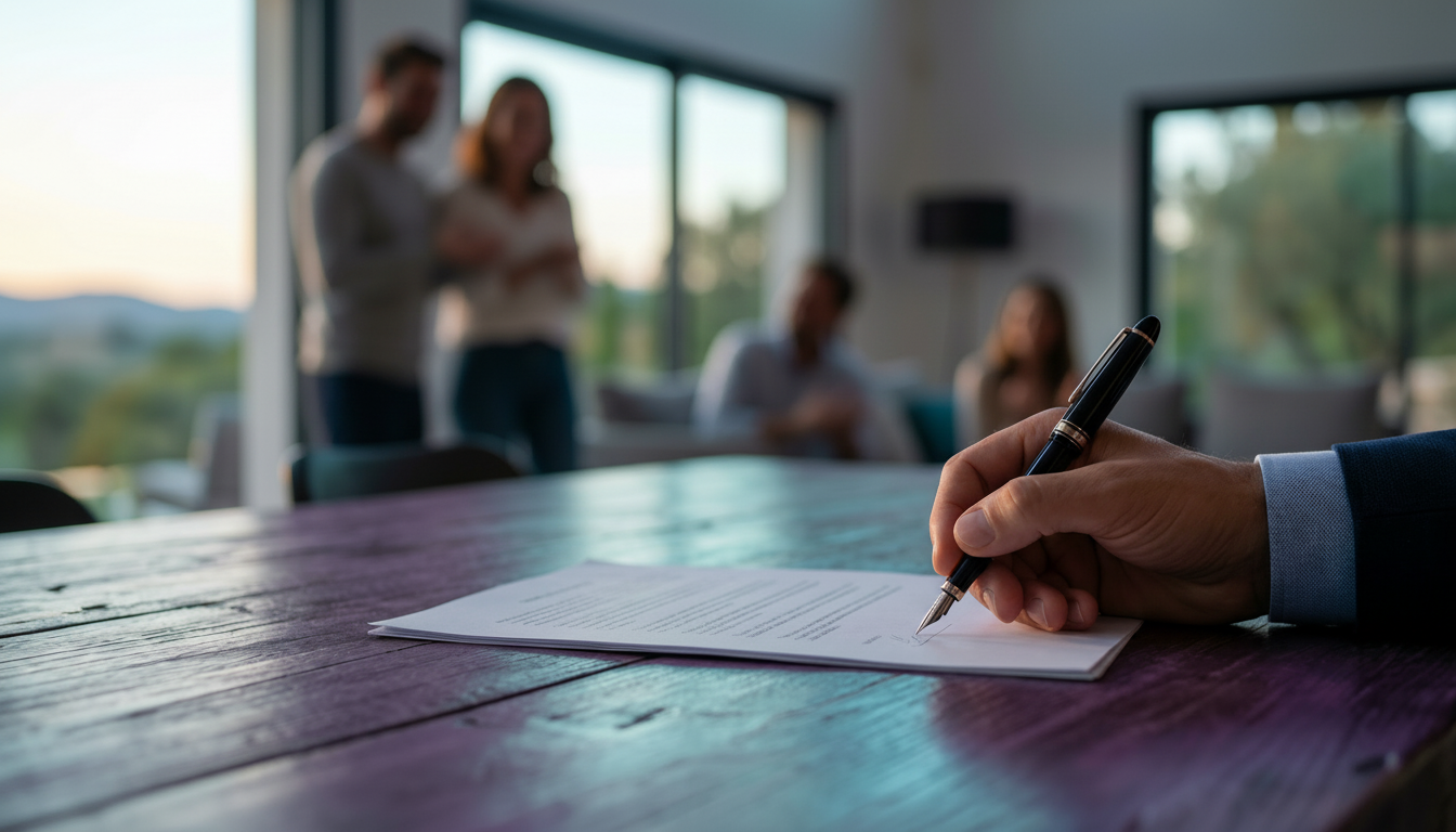 Gros plan sur une main tenant un stylo de luxe, signant un document officiel 'Compromis de Vente' su