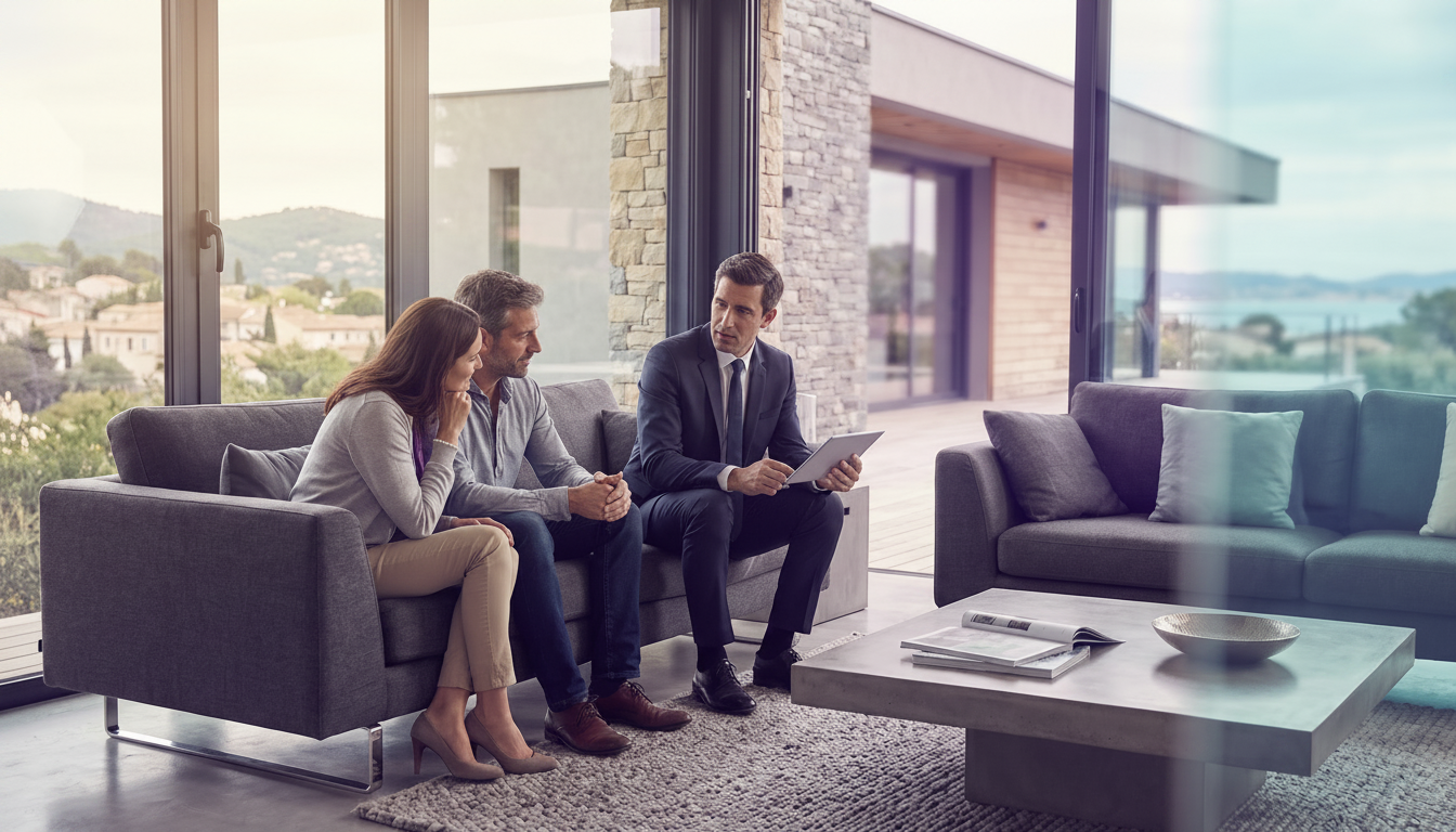 Conseiller immobilier professionnel assis à 90 degrés d'un couple de vendeurs autour d'une table bas