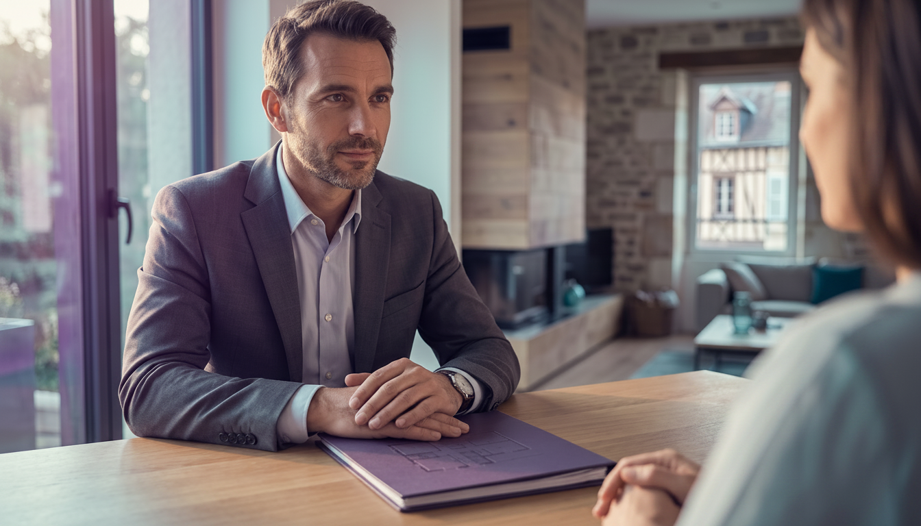 Gros plan sur un conseiller immobilier en plein rendez-vous d'estimation, regardant avec empathie et