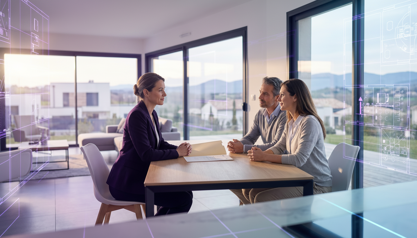 Un conseiller immobilier professionnel assis à la table du salon d'une maison contemporaine, regarda