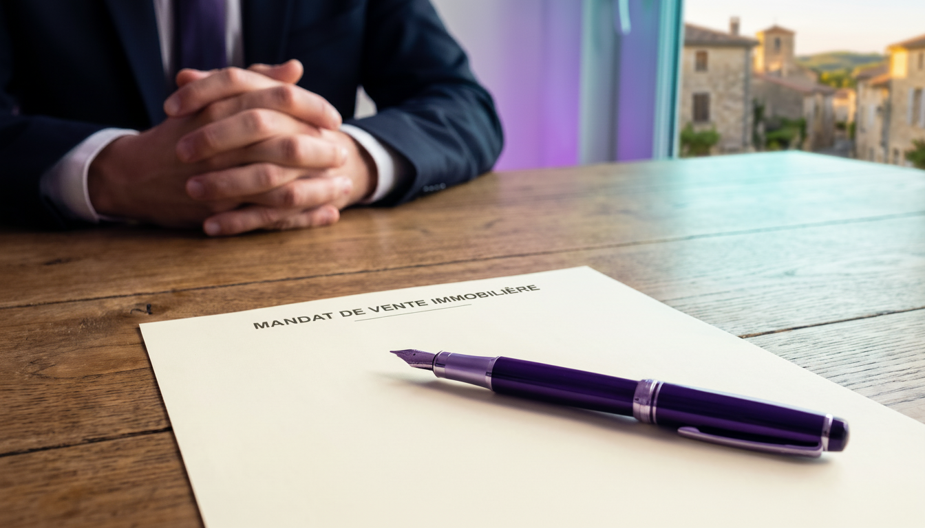 Gros plan sur un stylo haut de gamme posé sur un mandat de vente immobilier vierge, sur une table en