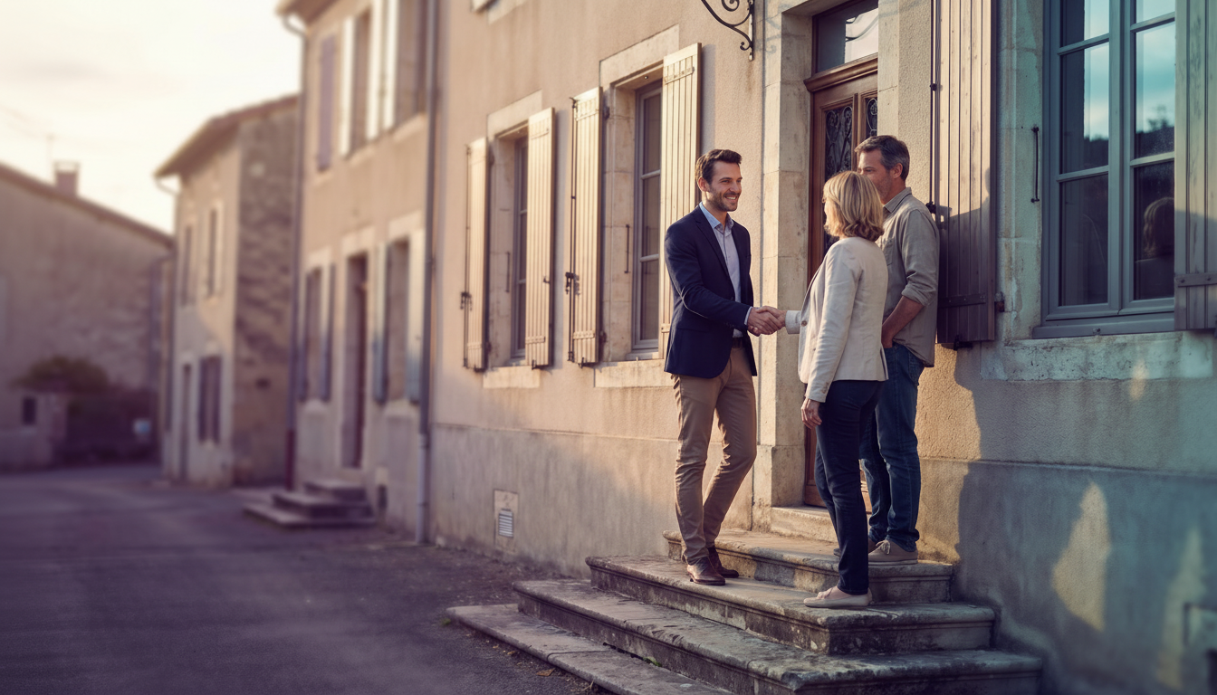 Un conseiller immobilier souriant serre la main d'une femme d'une cinquantaine d'années avec bienvei