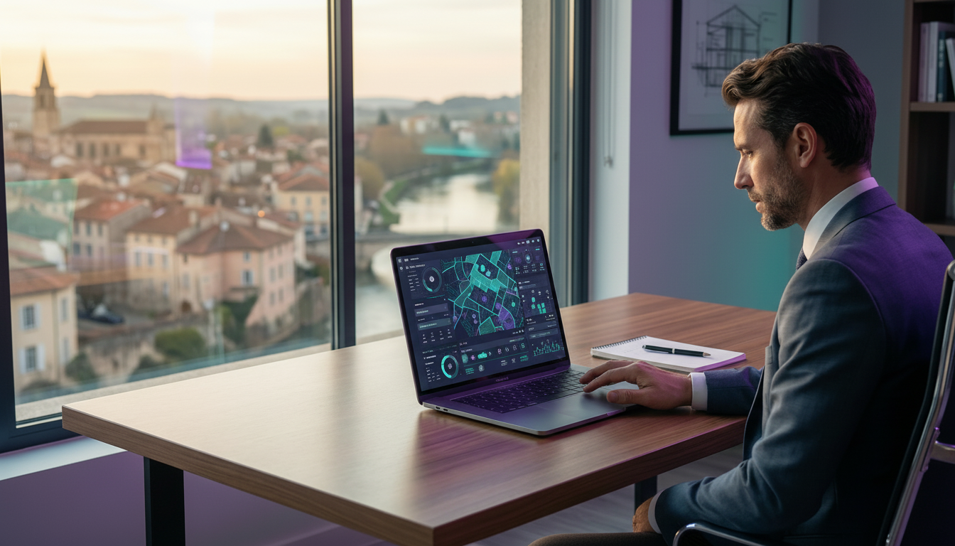 Conseiller immobilier assis à son bureau moderne, concentré, préparant un dossier sur son ordinateur