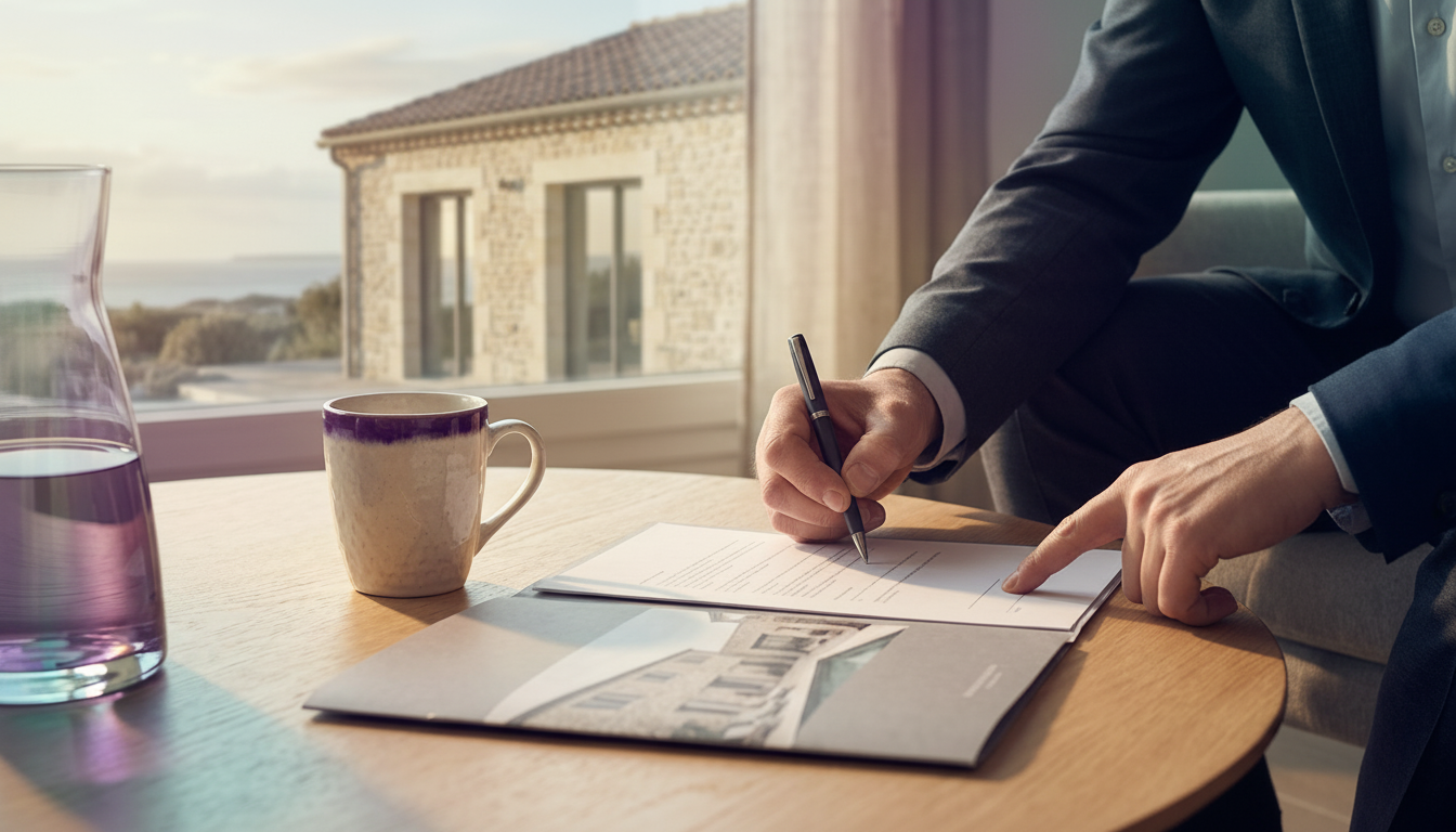 Vue rapprochée sur une table de salon, un avenant de mandat est posé à côté d'une tasse de café. Une