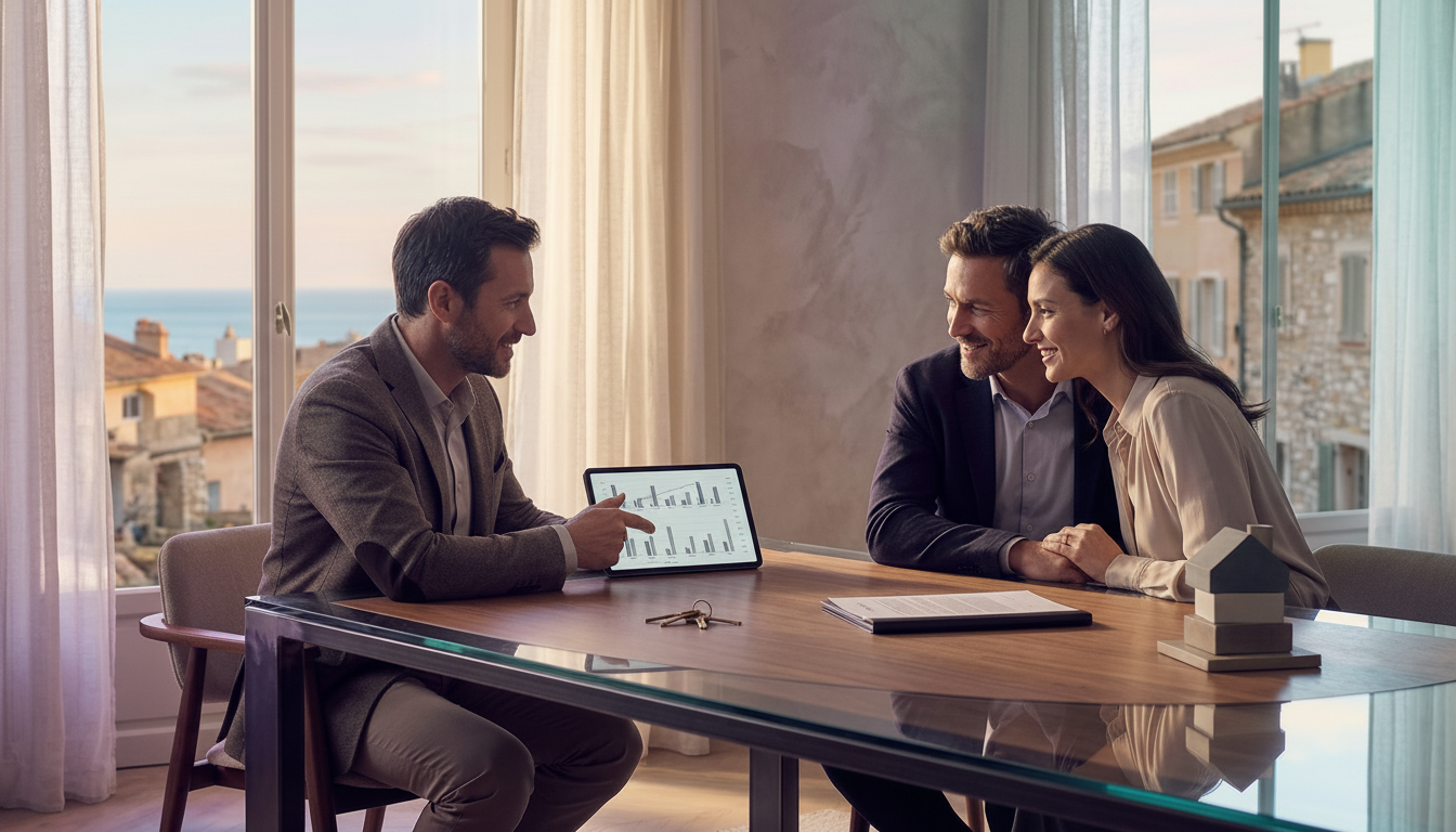 Un conseiller immobilier assis à une table de salon moderne, expliquant un graphique comparatif sur 