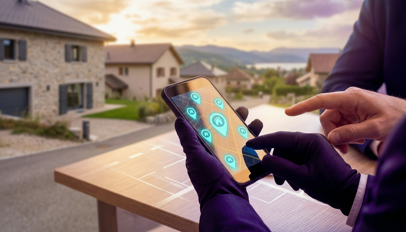 Gros plan sur les mains d'un professionnel de l'immobilier tenant un smartphone affichant une carte 