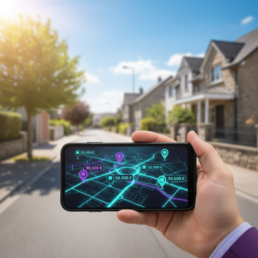 Main d'un conseiller immobilier tenant un smartphone affichant une carte interactive avec des marque