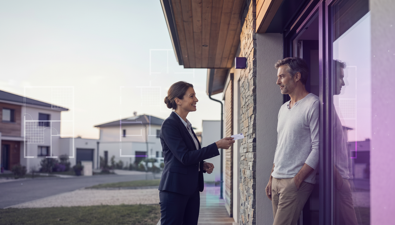 Conseiller immobilier souriant sur le pas d'une porte, tendant respectueusement sa carte de visite à