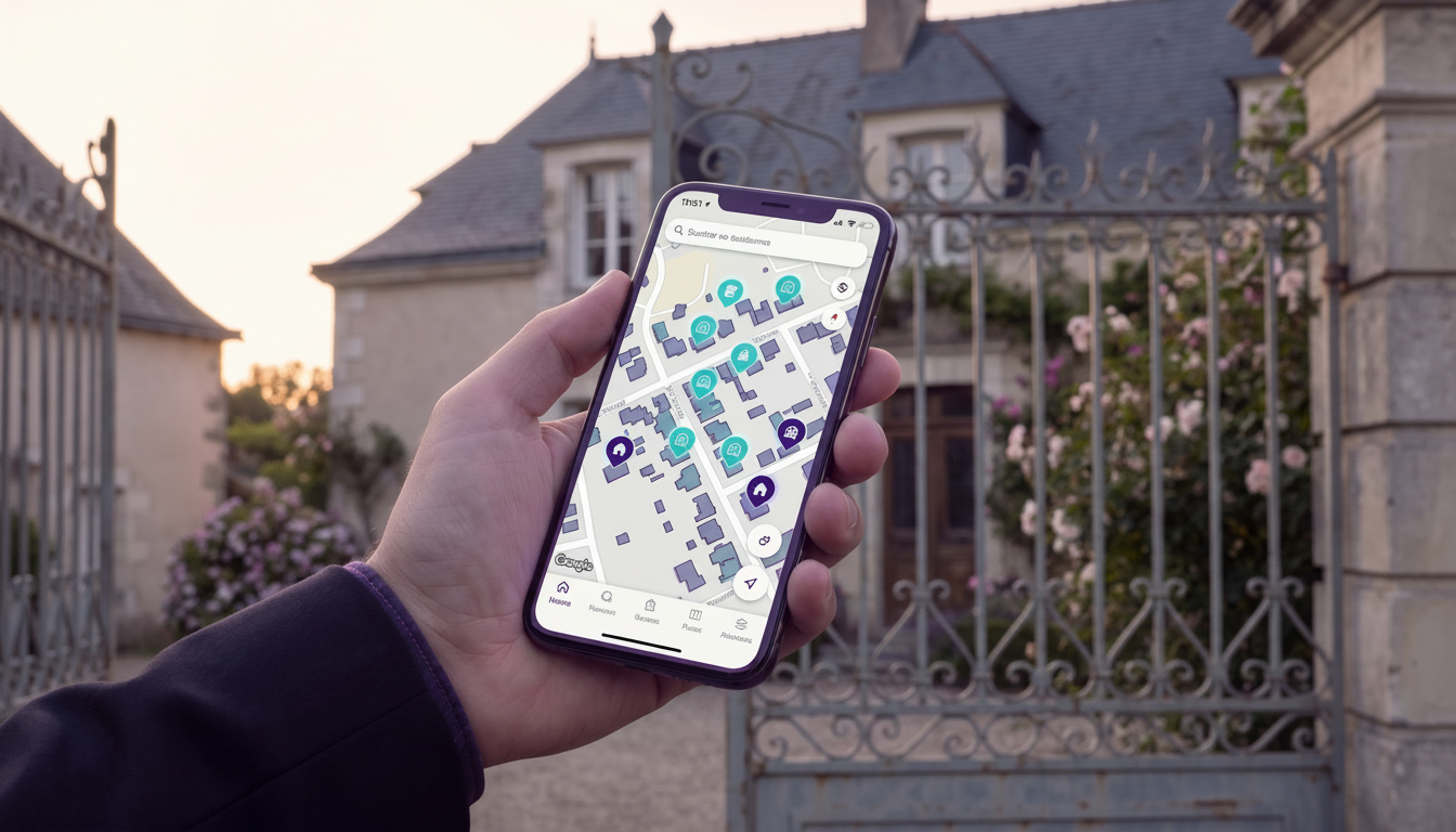 Plan rapproché sur l'écran d'un smartphone affichant une carte interactive avec des prix de vente im