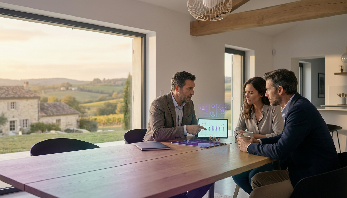 Conseiller immobilier montrant une courbe de tendance des prix sur une tablette à un couple de propr