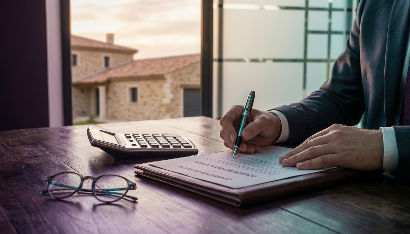 Gros plan sur les mains d'un professionnel de l'immobilier tenant un stylo au-dessus d'un dossier de