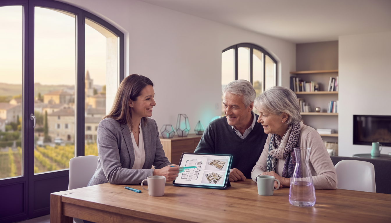 Conseiller immobilier souriant assis à la table de salle à manger avec un couple de vendeurs d'une s