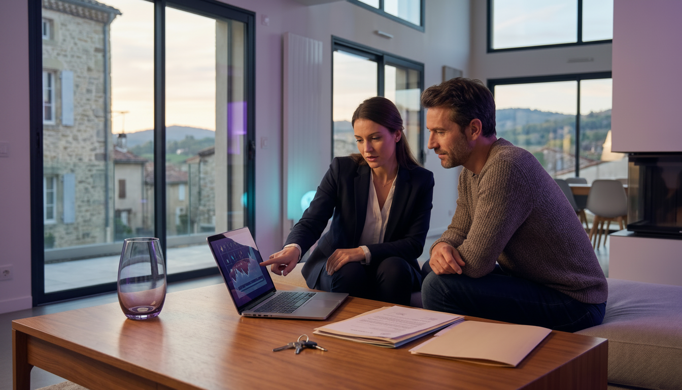 Professionnel de l'immobilier pointant un graphique sur un ordinateur portable devant un propriétair