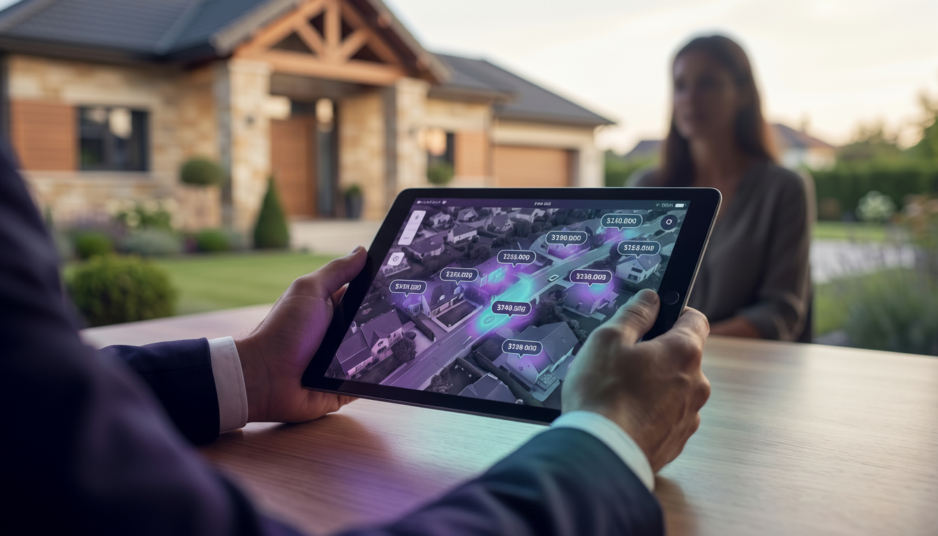 Écran de tablette affichant une carte interactive avec des prix immobiliers superposés sur des rues 