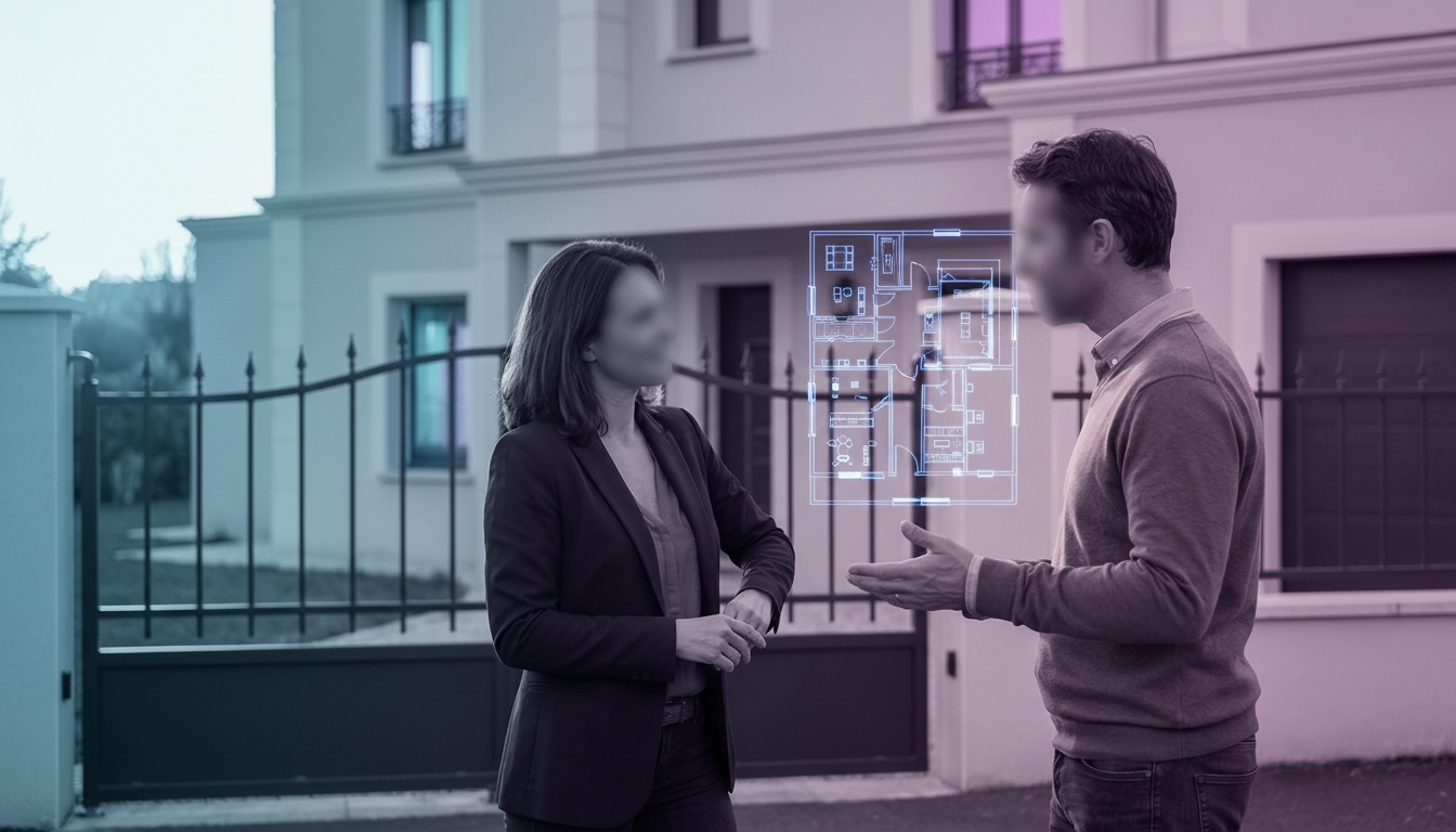 Plan moyen d'un conseiller immobilier et d'un propriétaire discutant calmement devant le portail d'u