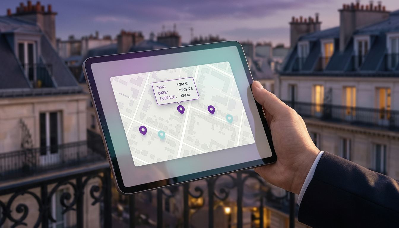 Gros plan sur une tablette tenue par une main masculine, affichant l'interface ProspeMap avec des po