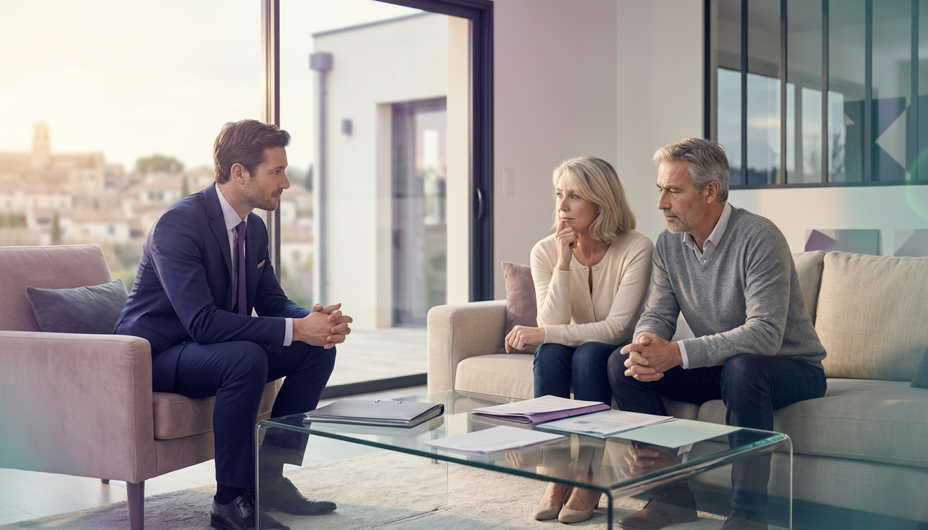 Conseiller immobilier attentif assis dans un salon lumineux, écoutant un couple de propriétaires d'u