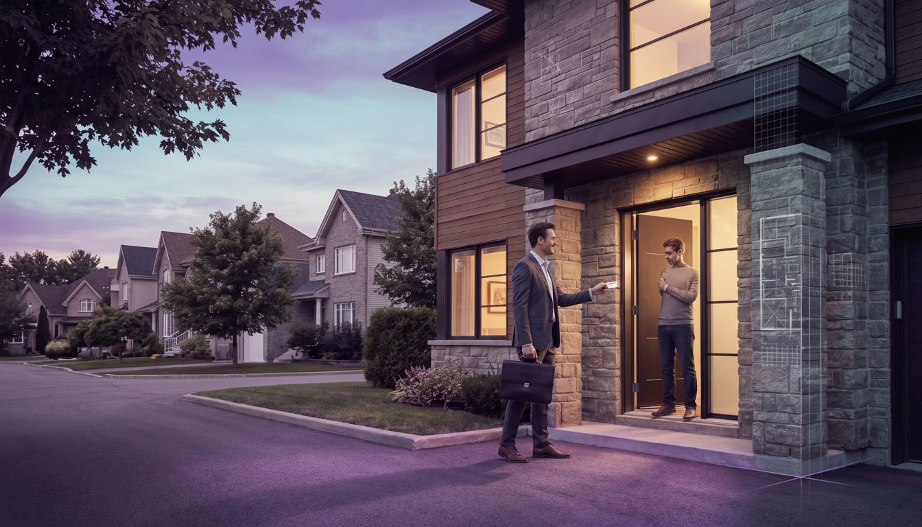 Conseiller immobilier souriant sur le palier d'une maison de banlieue française, tendant sa carte de