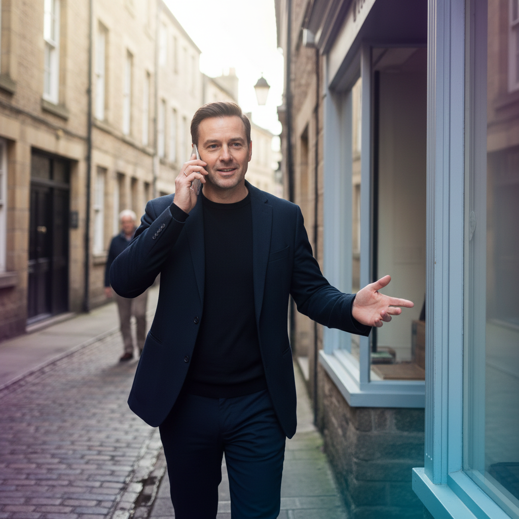 Professionnel de l'immobilier marchant dans une rue pavillonnaire ensoleillée, dictant des notes sur