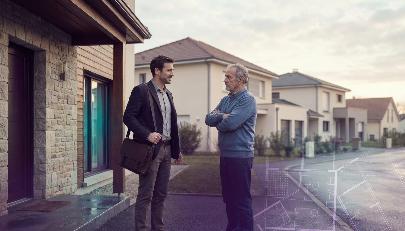 Conseiller immobilier mal à l'aise sur le pas d'une porte face à un propriétaire méfiant les bras cr